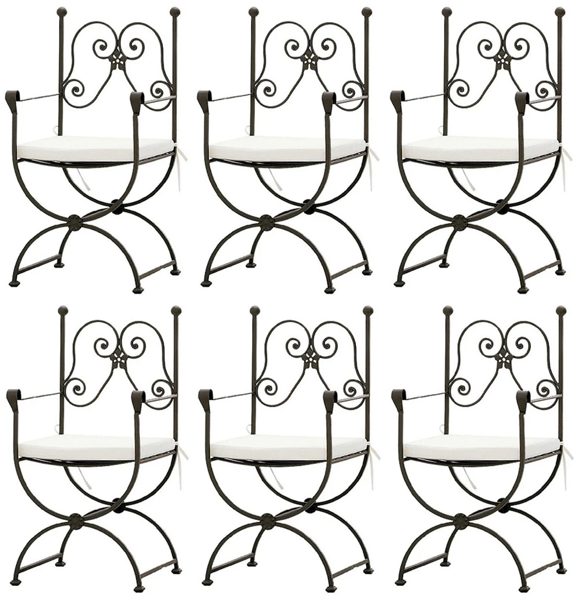 Luxury Art Nouveau garden chair set with armrests and seat cushions brown / white 60 x 44 x H. 97 cm - Hand-forged dining room chairs - Dining room garden patio furniture