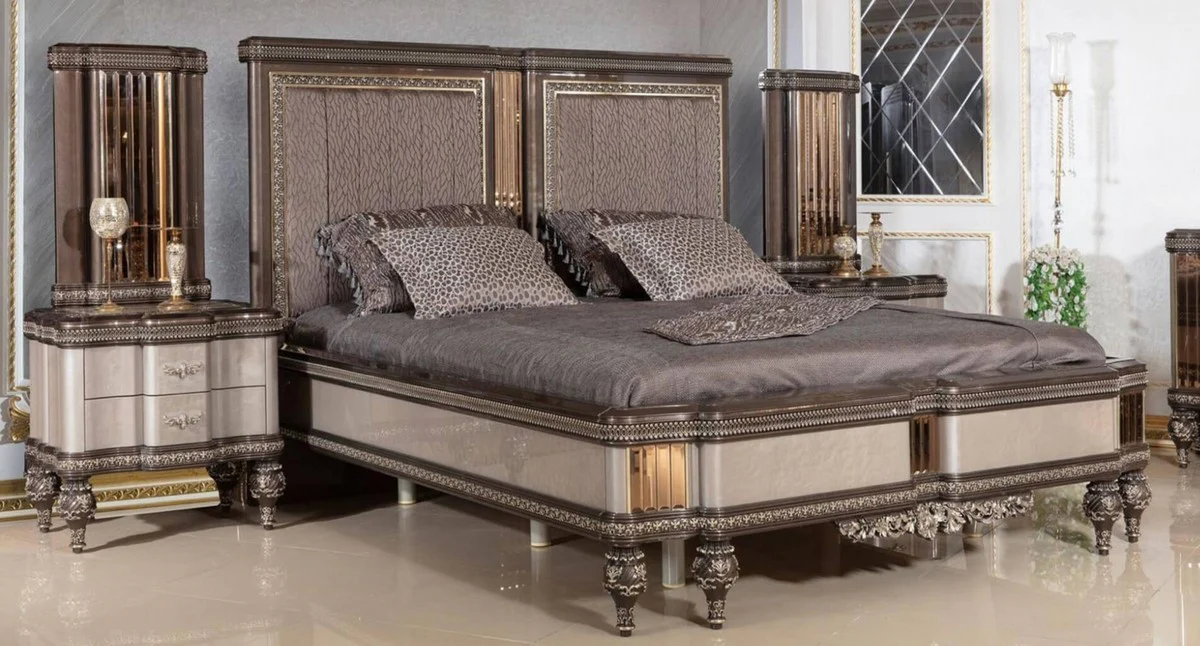 Luxury Baroque Bedroom Set Gray / Dark Brown / Gold - 1 Baroque Double Bed with Headboard & 2 Baroque Nightstands - Luxury Bedroom Furniture in Baroque Style - Baroque Interior