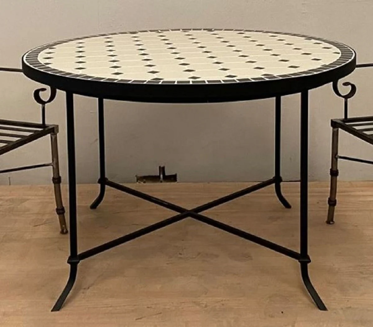 Luxury Art Nouveau dining table cream / black Ø 120 x H. 75 cm - Round handmade wrought iron garden table with ceramic mosaic tiles table top - Garden & dining room furniture
