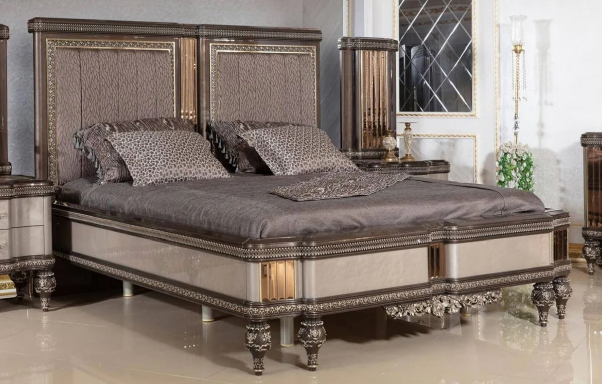 Luxury Baroque Double Bed Gray / Dark Brown / Gold - Magnificent Solid Wood Bed - Luxury Bedroom Furniture in Baroque Style - Baroque Bedroom Furniture