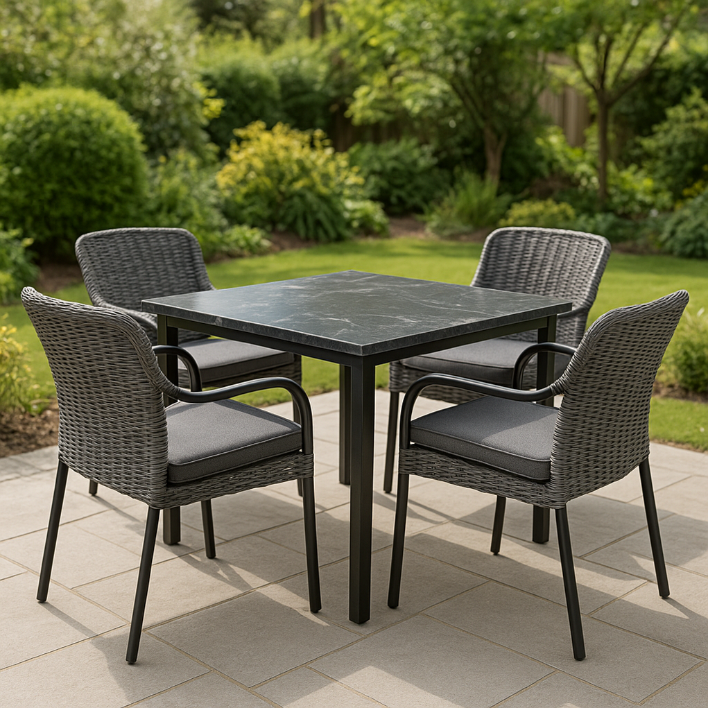 Gartenmöbel-Set aus Metall und Rattan, bestehend aus 1 Tisch und 4 Stühlen, grau YVsBbNV428Wt