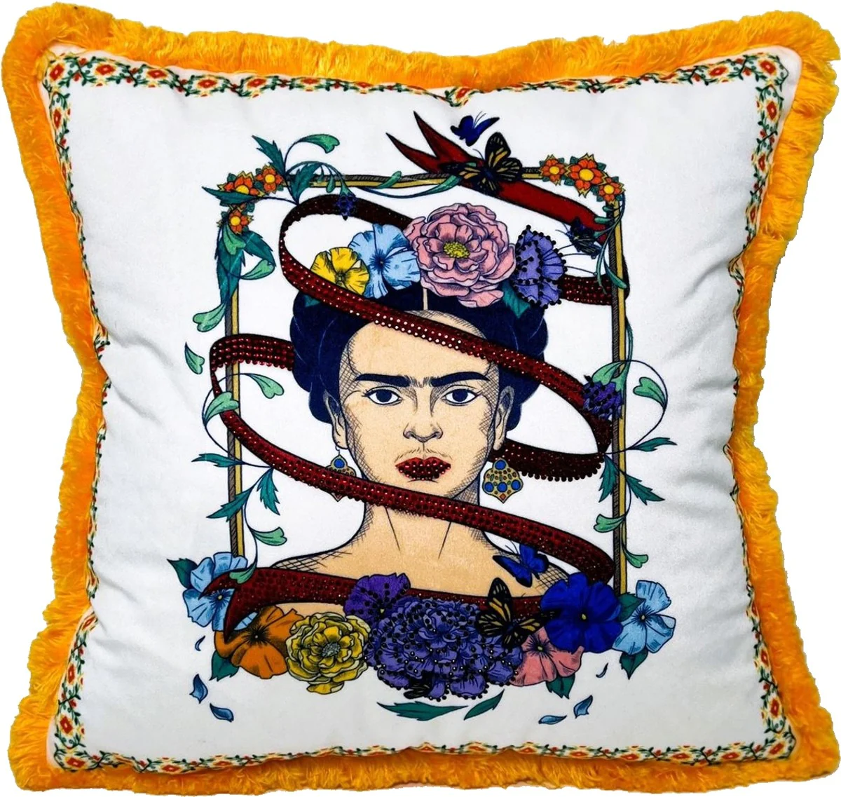 Frida Kahlo by Luxury decorative cushion with rhinestones white / colorful / orange