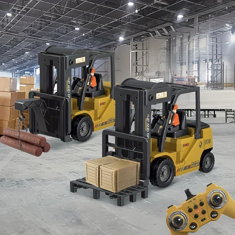 Wiederaufladbares 2,4-GHz-Gabelstapler-Kran-Modellauto mit drahtloser Fernbedienung – anhebbares Spray-Simulation-klingendes technisches Fahrzeugspielzeug – perfektes Geschenk für Jungen!