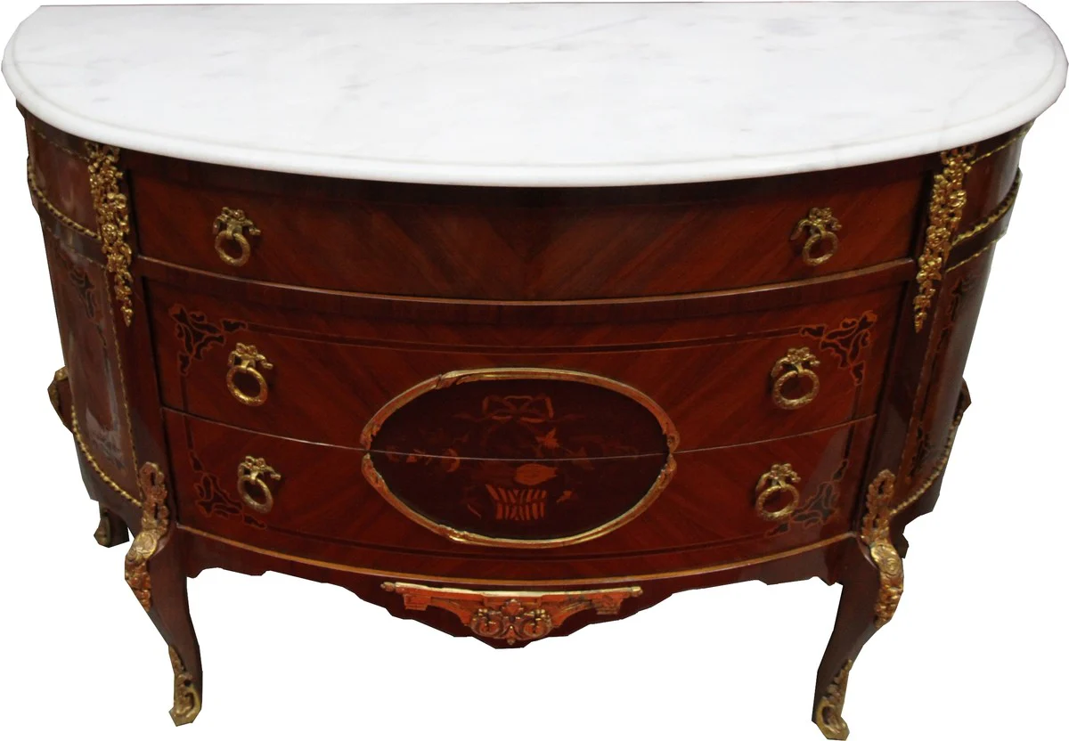 French antique style chest of drawers inlaid brown with white marble top Strasbourg - Baroque furniture