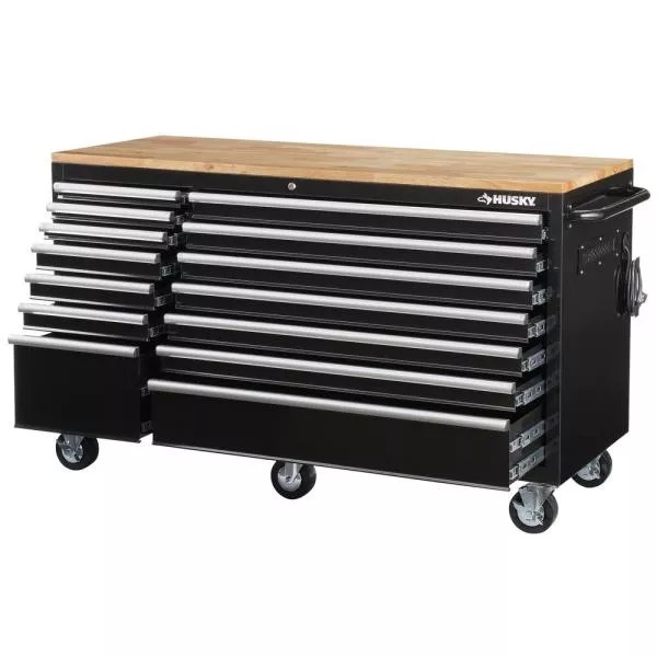 62 IN. 14-DRAWER MOBILE WORKBENCH MIT SOLID WOOD TOP, BLACK