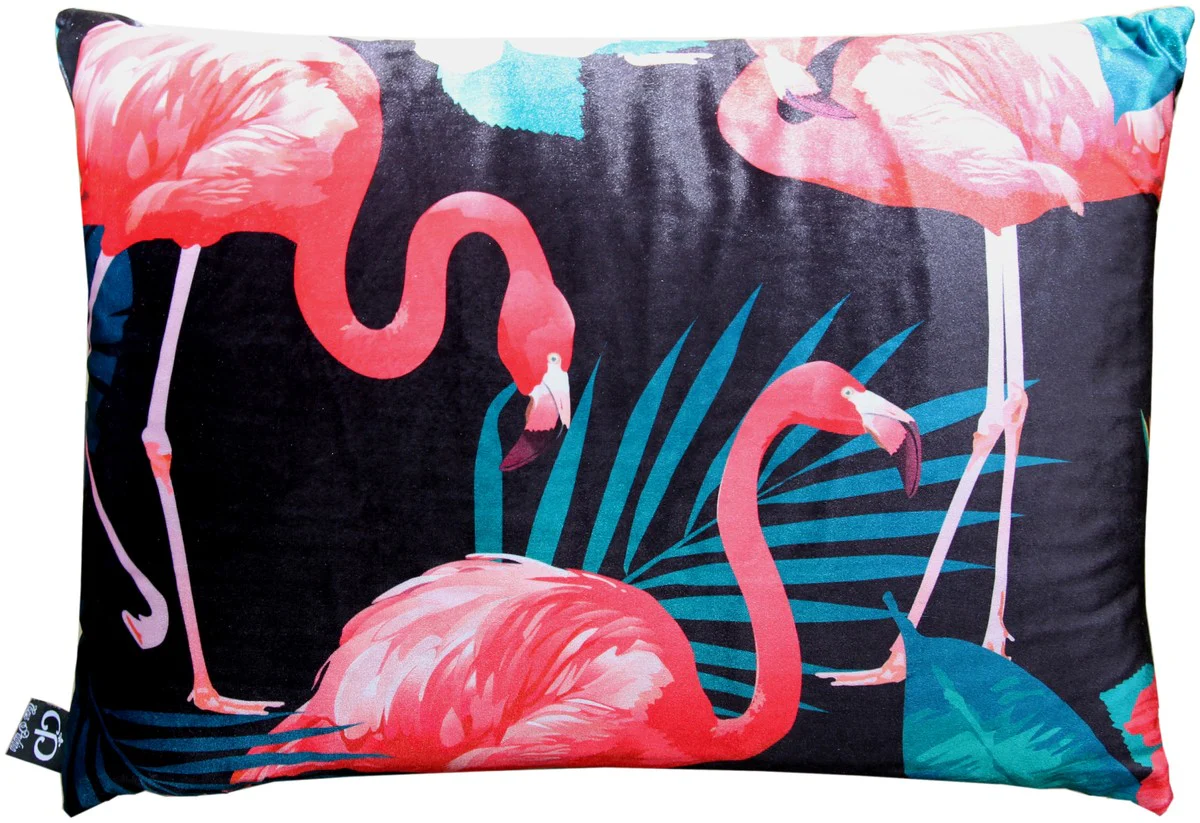 Luxus Kissen Malibu Flamingos Schwarz / Mehrfarbig 35 x 55 cm - Feinster Samtstoff - Deko Wohnzimmer Kissen