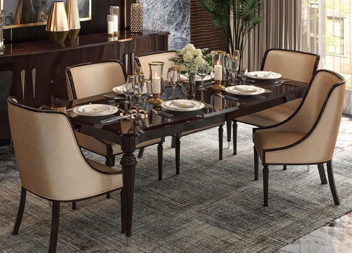 Luxury Art Deco dining room set beige / dark brown high gloss / silver - 1 Art Deco dining table & 6 Art Deco dining room chairs - Art Deco dining room furniture - luxury quality