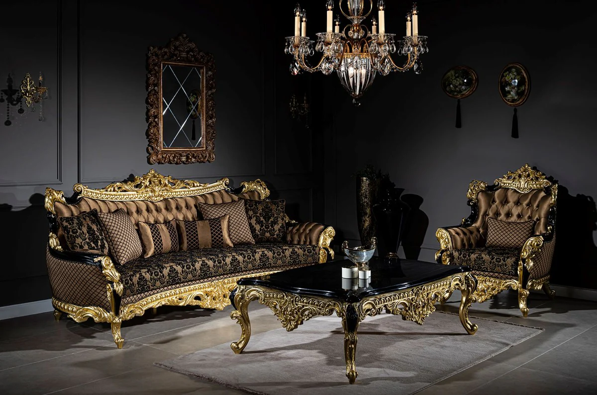 Luxury baroque living room set brown / black / gold - 2 sofas & 2 armchairs & 1 coffee table - magnificent living room furniture in baroque style