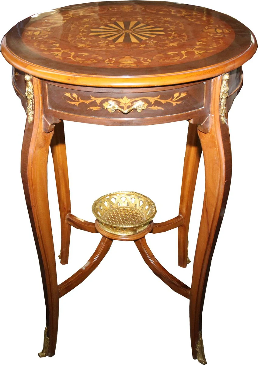 Luxury baroque side table mahogany inlaid with drawer H86 diameter 60 cm