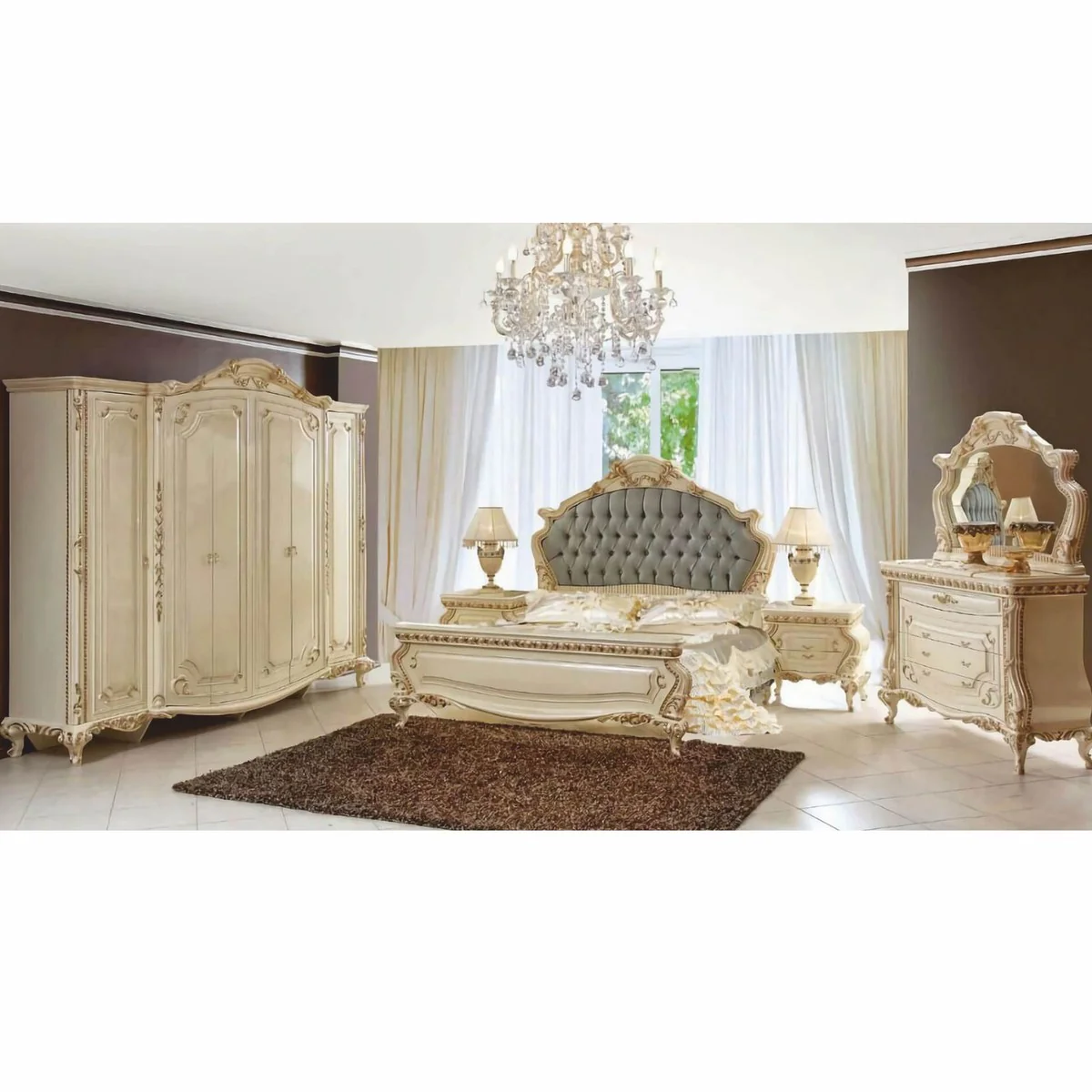Luxus Barock Kommode mit Spiegel Creme / Gold - Schlafzimmer Möbel