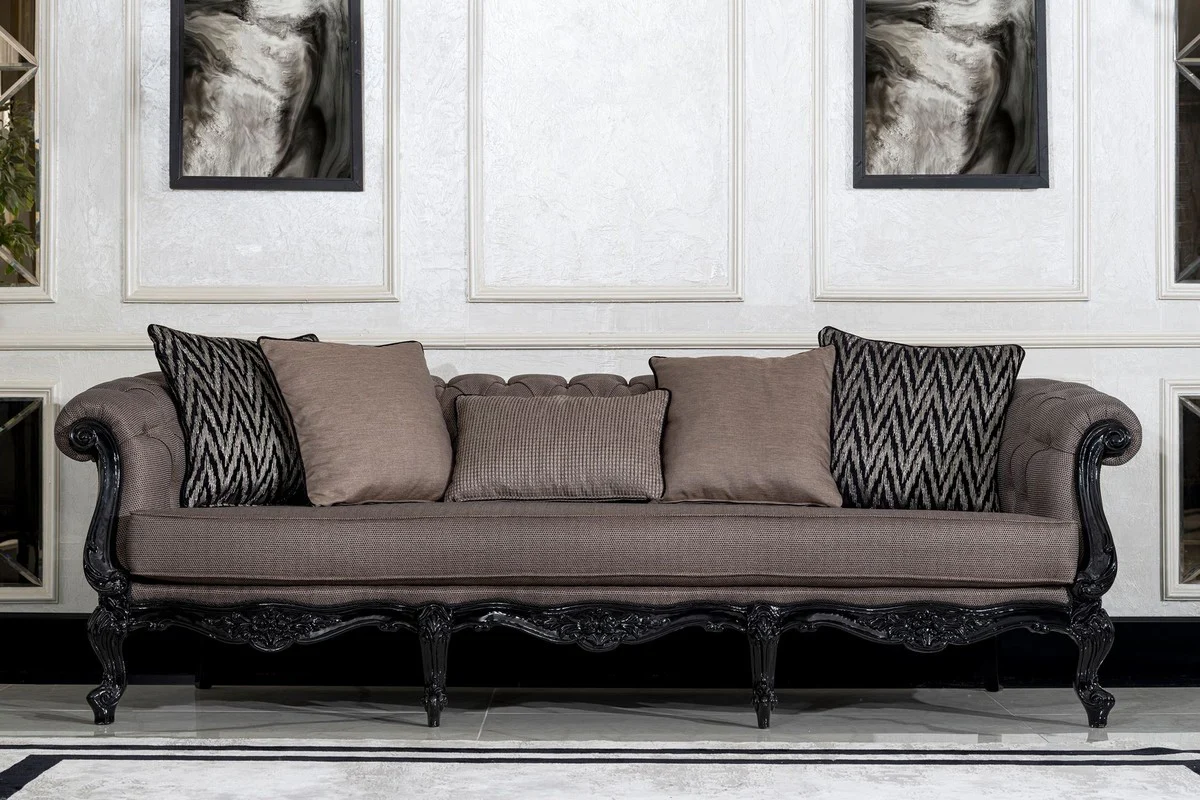 Luxury Baroque Living Room Sofa Gray / Black - Handmade Baroque Style Sofa with Decorative Pillows - Luxury Living Room Furniture in Baroque Style - Baroque Furniture - Noble & Magnificent