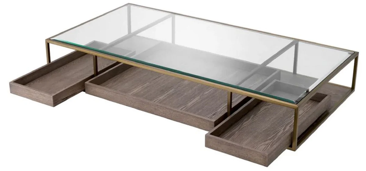 Luxury coffee table brass / gray / black 180 x 90 x H. 37 cm - Rectangular living room table with glass top - Hotel table - Living room furniture - Hotel furniture - Luxury furniture
