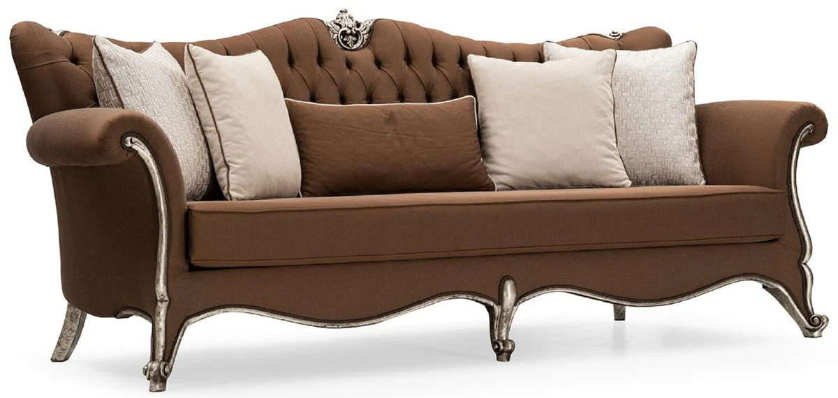 Luxury Baroque Living Room Sofa Brown / Antique Silver - Handmade Baroque Style Sofa with Decorative Pillows - Luxury Living Room Furniture in Baroque Style - Baroque Furniture - Noble & Magnificent