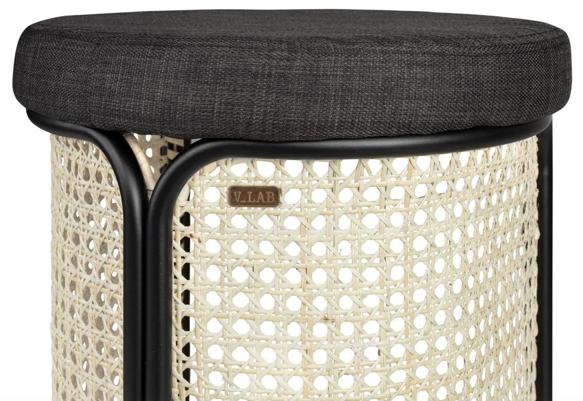 Designer bar stool black / natural color Ø 40.5 x H. 75.5 cm - Round padded bar chair with elegant rattan weave and powder-coated steel frame