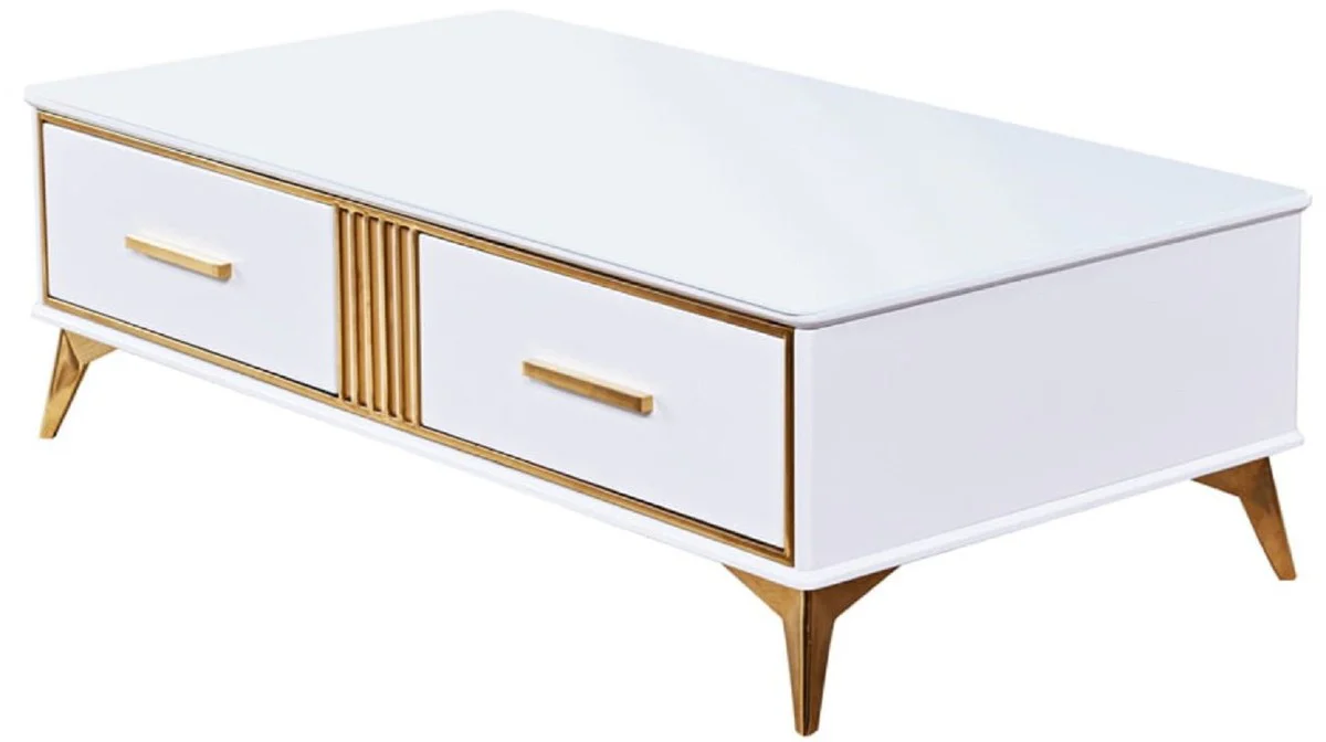Luxury coffee table white / gold 130 x 70 x H. 41 cm - Modern living room table with 2 drawers - Modern living room furniture