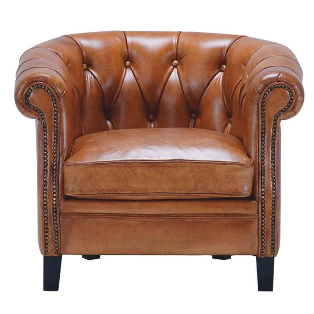 Luxury Chesterfield genuine leather armchair light brown / black - genuine leather furniture