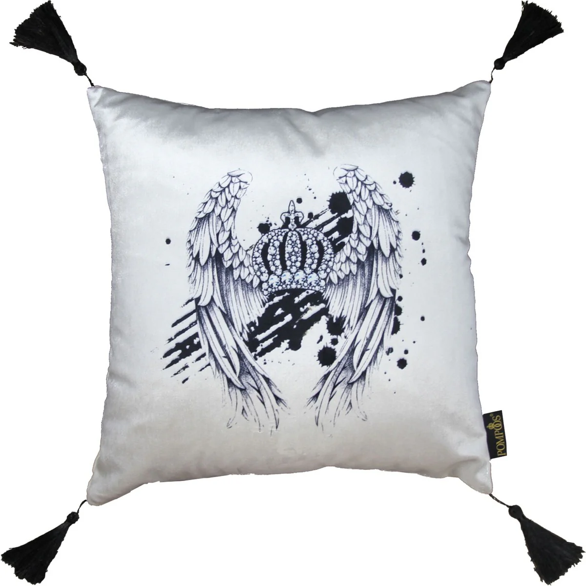 Harald Glööckler luxury decorative baroque cushion with angel wings Mod2 Pompöös by cream / black crown deluxe with tassels - Glööckler cushion