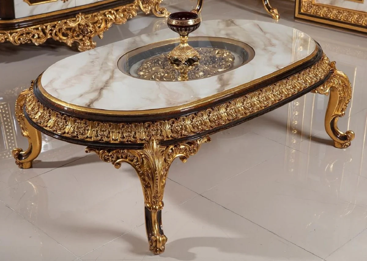 Luxury baroque coffee table with glass top white / dark brown / gold - magnificent solid wood living room table in baroque style - baroque living room furniture - noble & magnificent