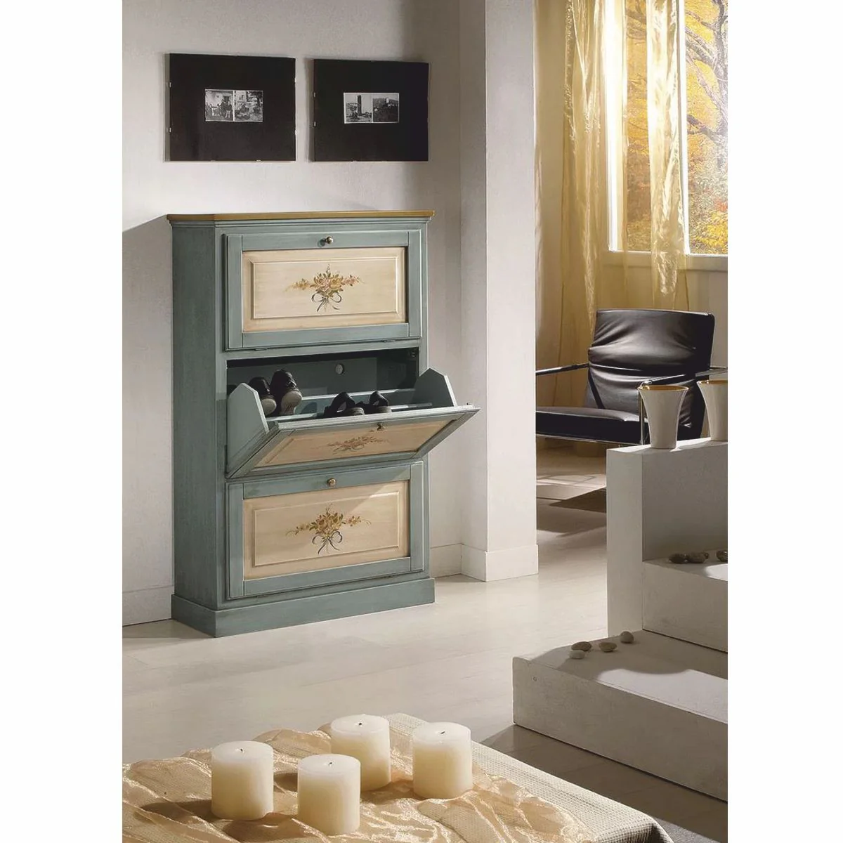 Luxury Baroque shoe cabinet blue / natural / brown H. 130 cm - Made in Italy