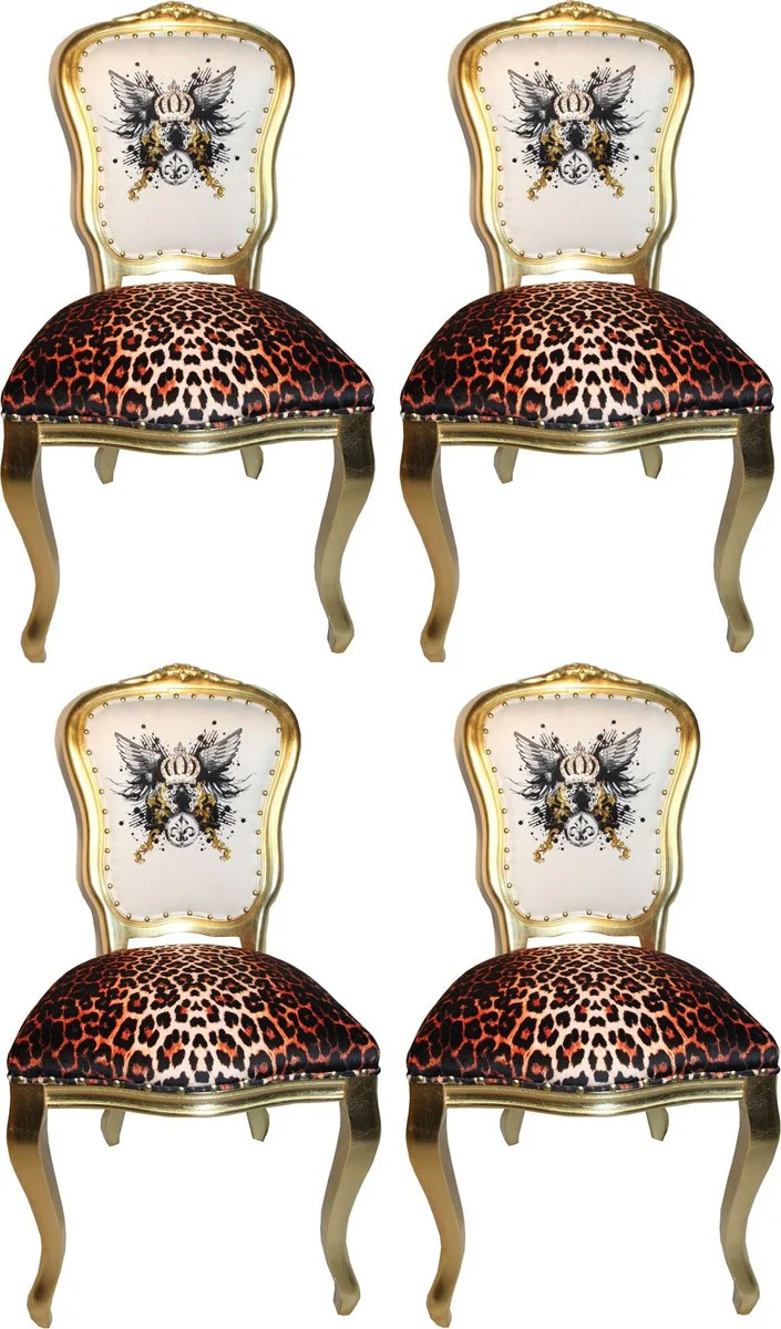 Pompöös by Luxury Baroque Dining Room Chairs Glitter Crown & Angel Wings Leopard / White / Gold 50 x 60 x H.104 cm - Pompöös Baroque Chairs designed by Harald Glööckler - 4 dining room chairs