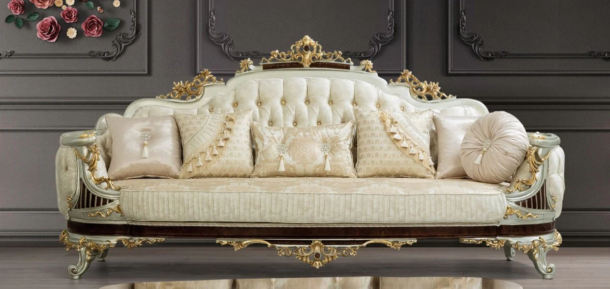Luxury baroque sofa cream / beige / dark brown / silver / gold 260 x 90 x H. 125 cm - magnificent baroque style living room sofa with elegant pattern - baroque furniture
