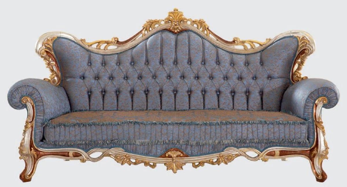 Luxury baroque sofa blue / copper / silver / brown / gold 255 x 100 x H. 128 cm - magnificent living room sofa with an elegant pattern - furniture in the baroque style