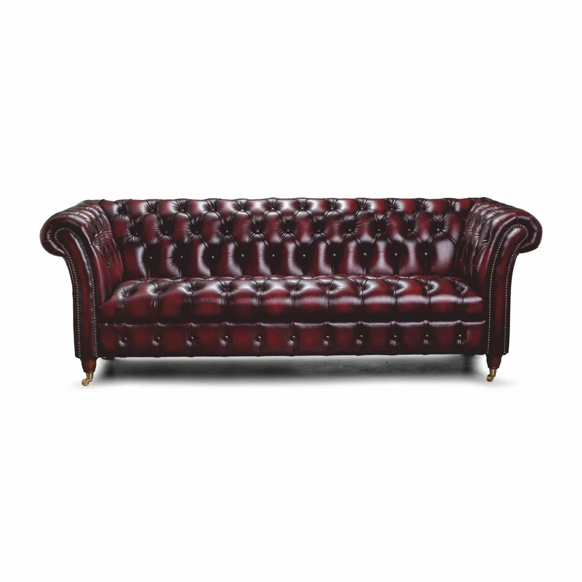 Luxury Chesterfield leather 2 seater sofa dark wine red / brass 200 cm - genuine leather furniture