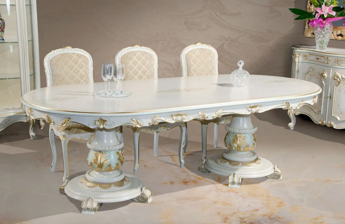 Luxury Baroque Dining Table White / Cream / Multicolor / Gold - Oval Solid Wood Dining Room Table in Baroque Style - Baroque Dining Room Furniture - Luxury Quality - Made in Italy