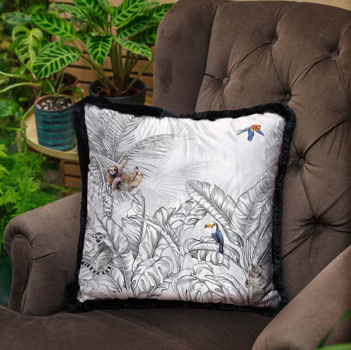Luxury decorative cushion jungle & animals gray / multicolored / black 45 x 45 cm - printed velvet cushion with fringes - luxury decorative accessories