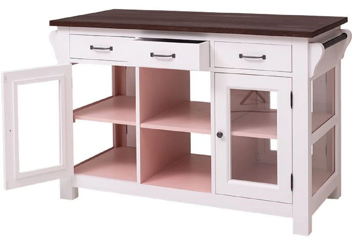 Country house style kitchen island light gray / pink / dark brown 135 x 65 x H. 90 cm - solid wood dining room cabinet - country house style solid wood kitchen furniture - dining room furniture in country house style