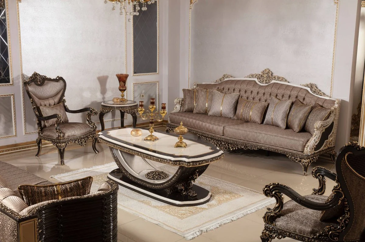 Luxury Baroque Sofa Gray / White / Dark Brown / Gold 255 cm