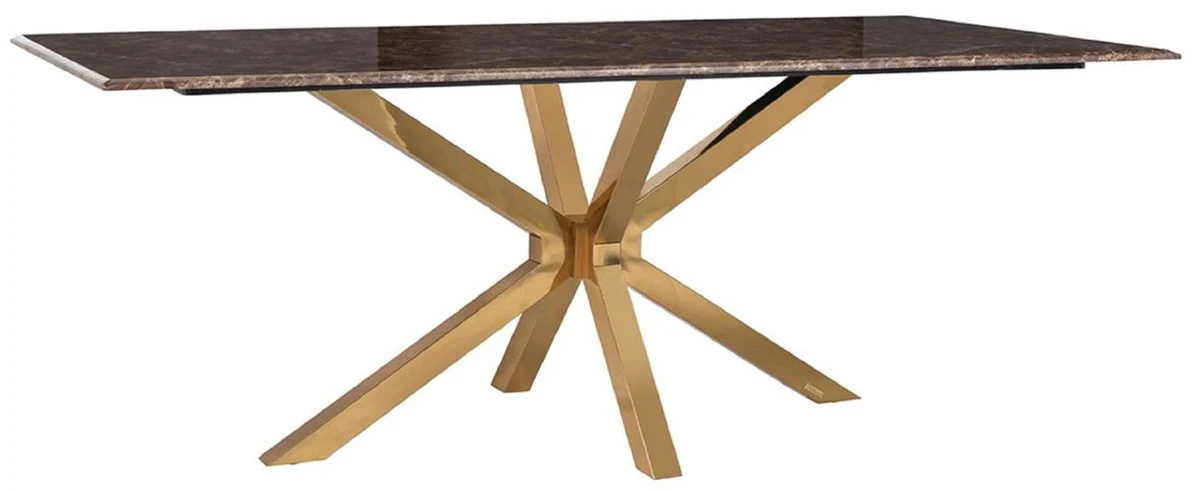 Luxury dining table brown / gold 200 x 100 x H. 77 cm - Rectangular dining room table with artificial marble table top and stainless steel legs - Luxury dining room furniture