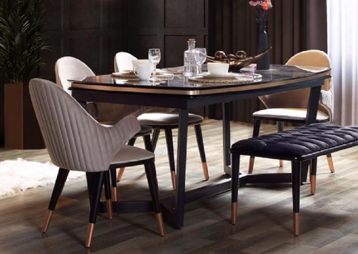 Luxury dining room set gray / black / copper - 1 luxury dining room table & 6 luxury dining room chairs with armrests - dining room furniture - restaurant furniture - luxury furniture - luxury furnishings