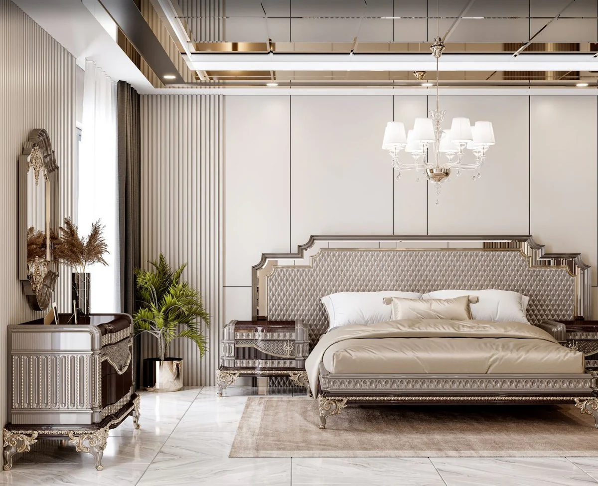 Luxury baroque double bed and 2 nightstands gray / dark brown / gold