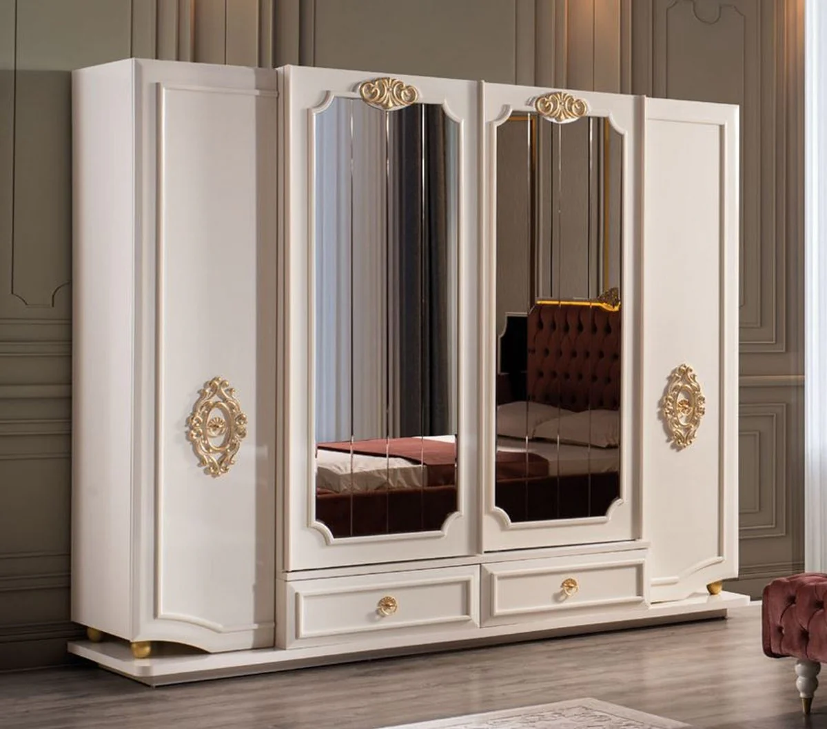 Luxury baroque bedroom wardrobe white / gold 267 x 73 x H. 223 cm - noble solid wood wardrobe - bedroom furniture in baroque style - luxury quality