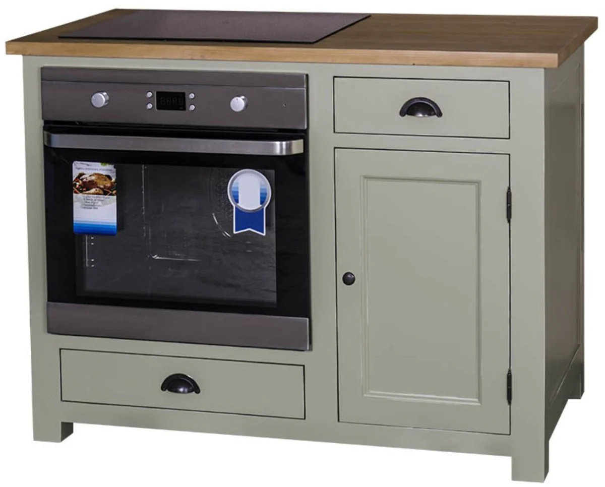 Country house style stove conversion cabinet with door and 2 drawers light green / natural color 120 x 65 x H. 90 cm - kitchen furniture