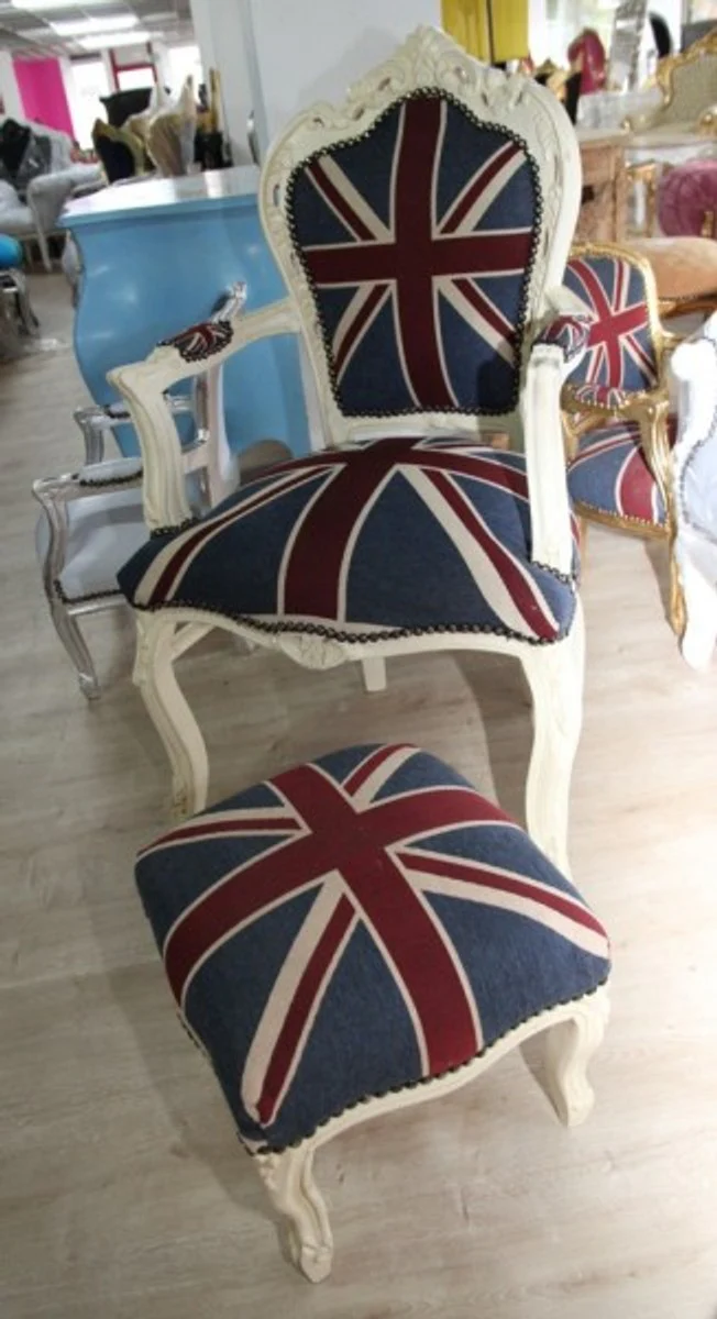 Baroque dining chair with armrests Union Jack / cream + matching footstool