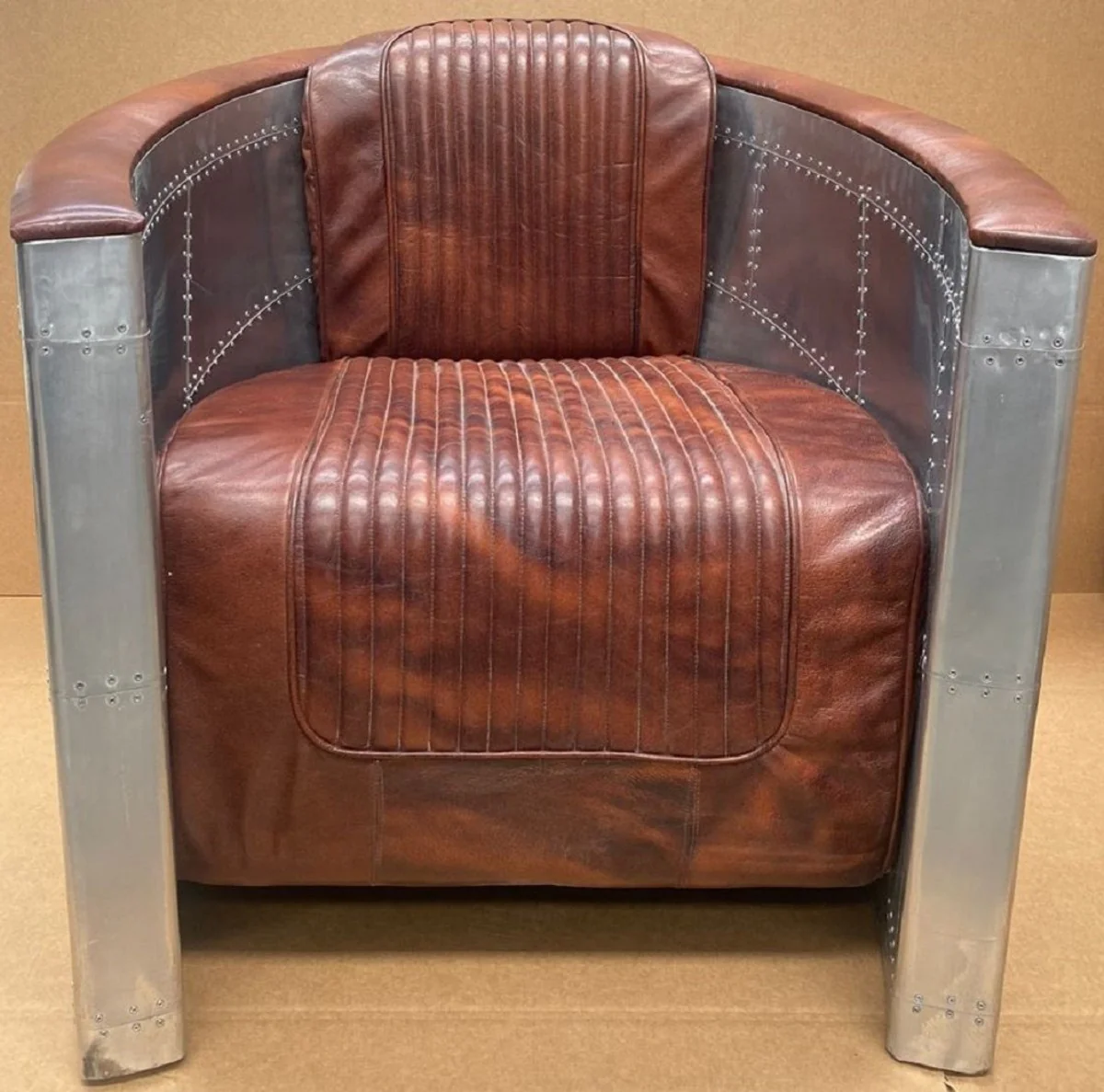 Luxury Art Deco leather armchair vintage brown / silver - aluminum living room armchair with high-quality genuine leather - lounge armchair - airplane aviator genuine leather furniture