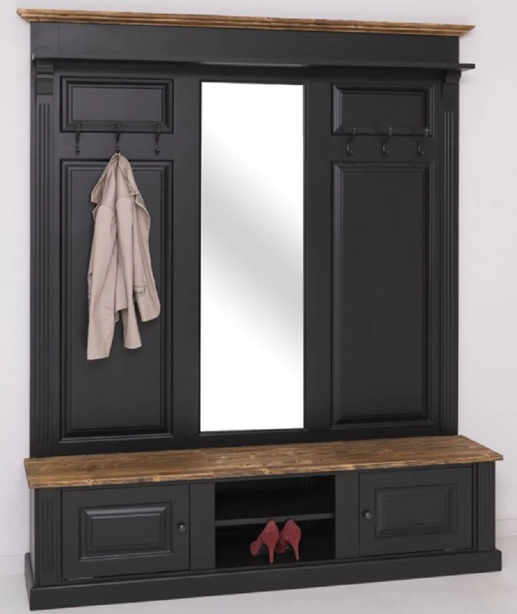 Country house style wardrobe black / brown 180 x 41 x H. 210 cm - solid wood wardrobe with mirror - country house style wardrobe furniture