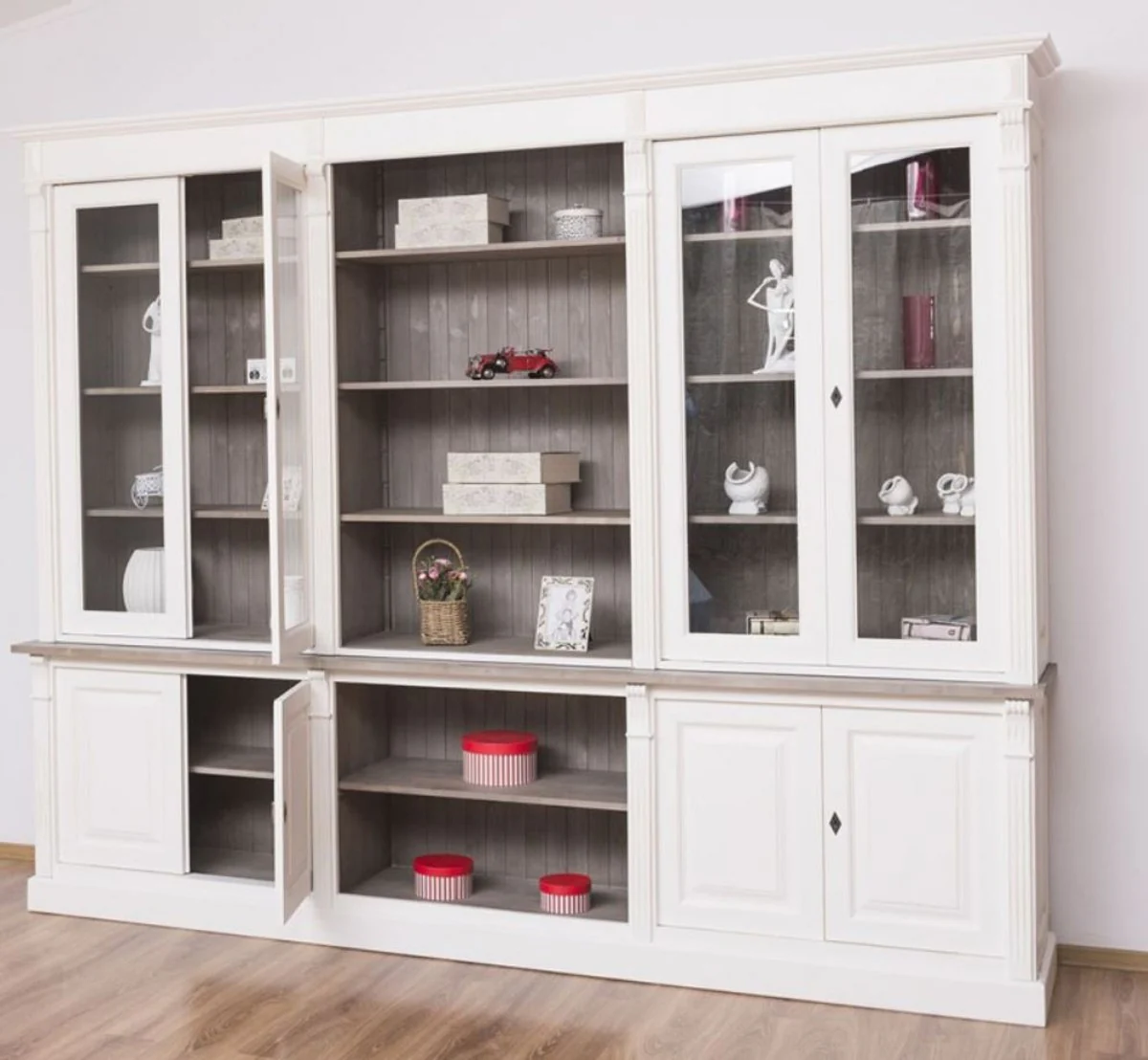 Country house style bookcase white / brown gray 286 x 51 x H. 228 cm - solid wood cupboard - living room cupboard - office cupboard - country house style furniture