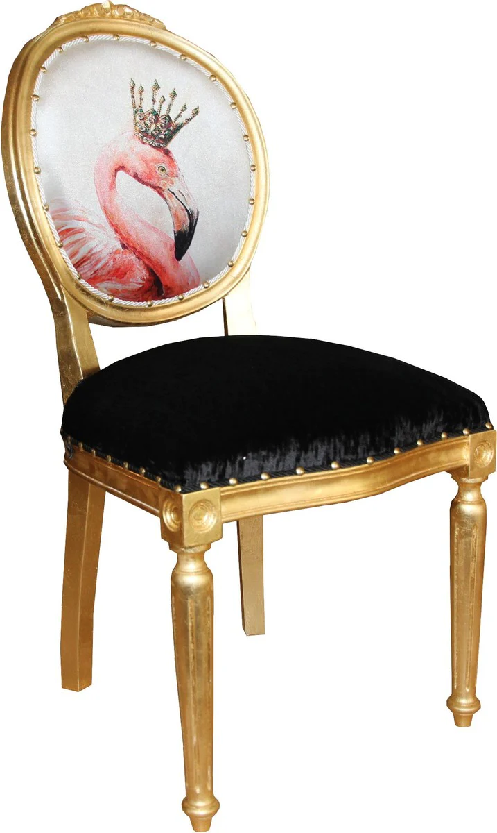 Baroque luxury dining room chair without armrests flamingo with crown and with bling bling rhinestones - designer chair - limited edition