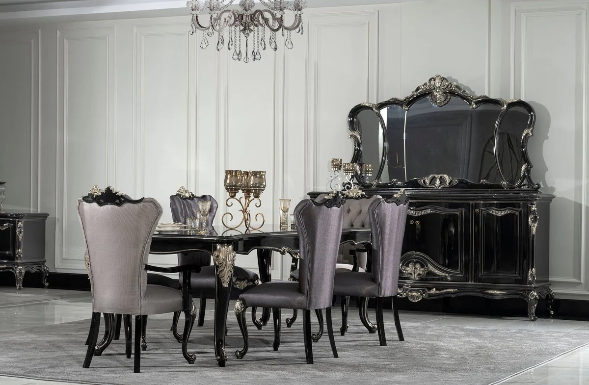 Luxury Baroque Dining Room Chair with Armrests Silver / Black / Silver - Magnificent Baroque Style Kitchen Chair - Luxury Dining Room Furniture in Baroque Style - Baroque Furniture - Noble & Magnificent