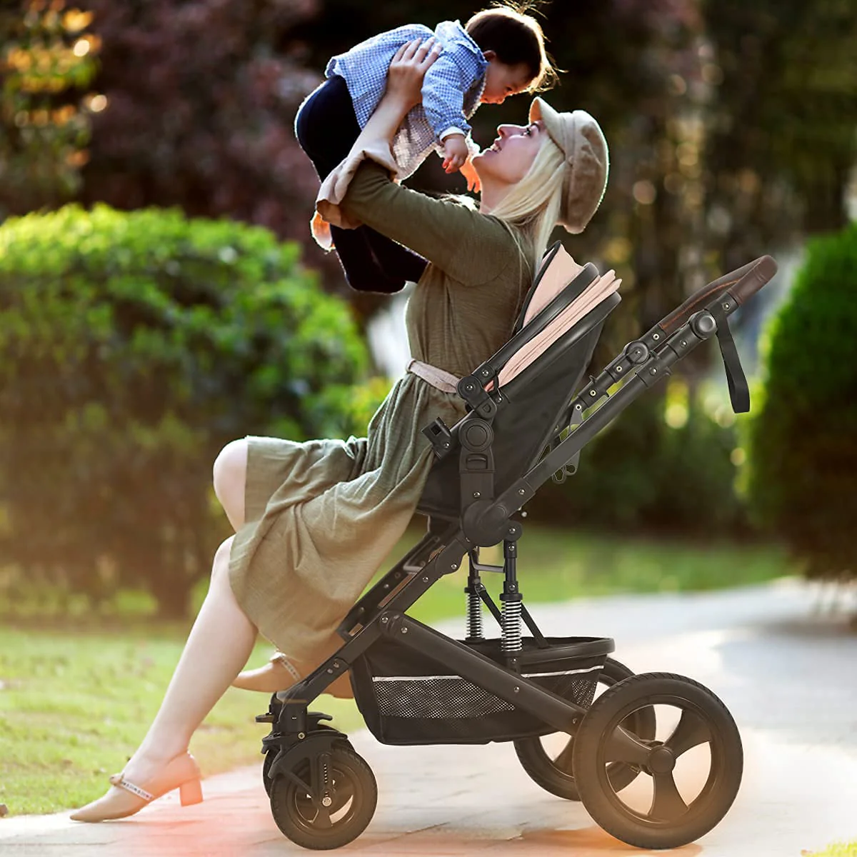 Kinderwagen für Neugeborene und Kleinkinder – Cynebaby 2-in-1 Hochformat, umwandelbar, umkehrbar, stoßfest, Stubenwagen, Kinderwagen, Kinderwagen, mit Getränkehalter, Fußsack und Wickeltasche (grün)