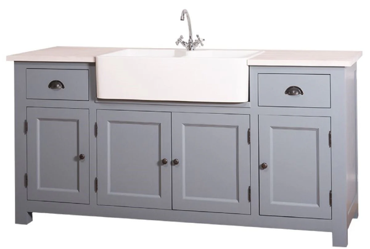 Country house style washbasin cabinet blue / white 180 x 65 x H. 90 cm - washbasin with 4 doors and 2 drawers