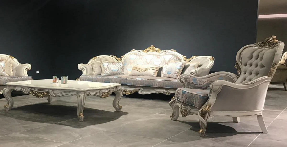 Luxus Barock Wohnzimmer Set Grau / Türkis / Weiß / Gold - 2 Barock Sofas mit Muster & 2 Barock Sessel mit Muster & 1 Barock Couchtisch - Barock Wohnzimmer Möbel