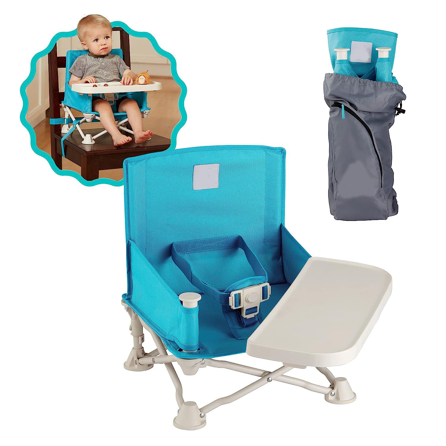 Reisesitzerhöhung mit Tablett für Baby | Zusammenklappbarer, tragbarer Babysitz für Esstisch, Camping, Strand, Omas | Kippfreie Designgurte für Küchenstühle – Sitzerhöhung