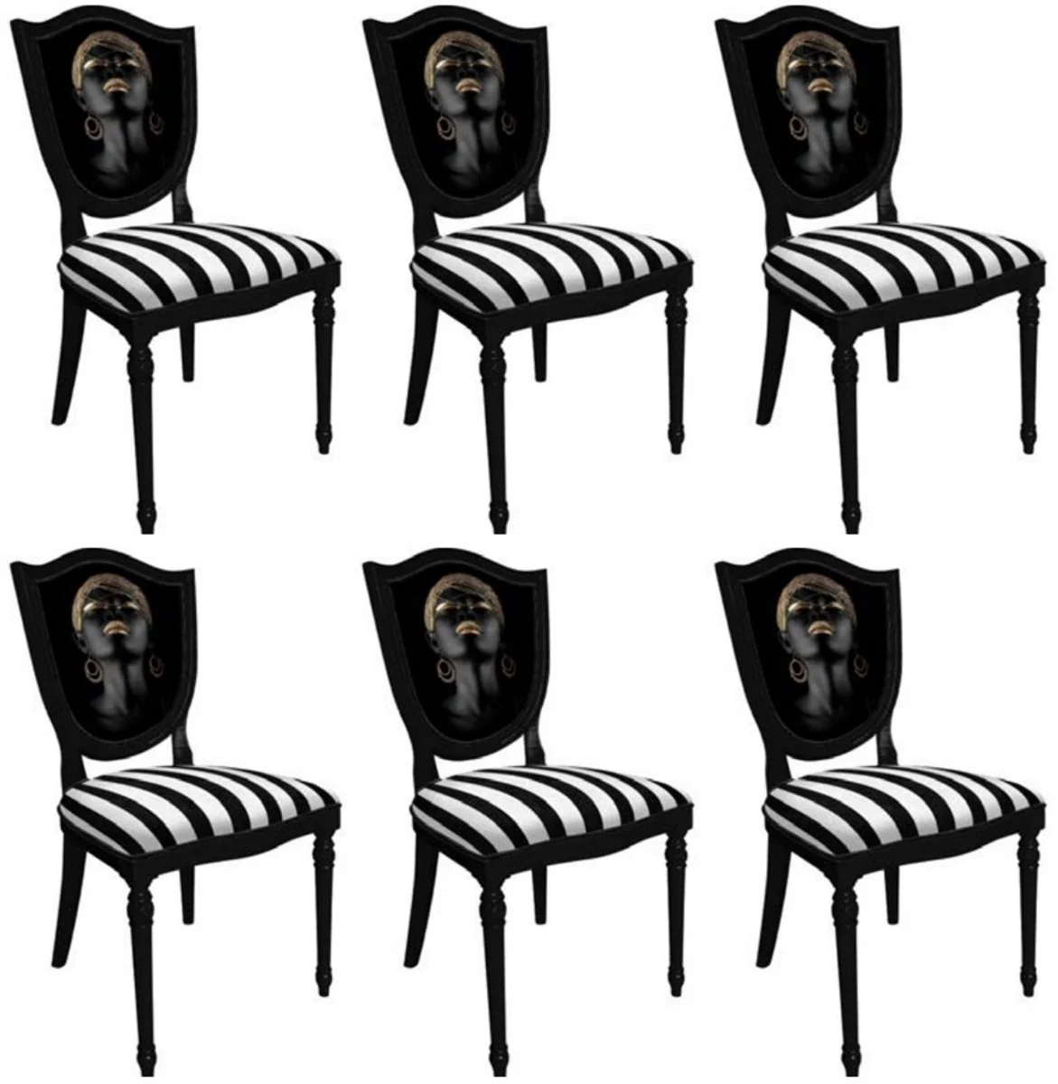 Art Deco Dining Room Chair Set White / Multicolored / Black - 6 Handmade Art Deco Kitchen Chairs with Stripes and Design - Art Deco Dining Room Furniture