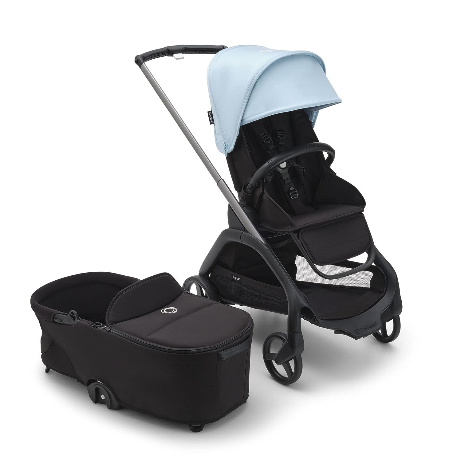 Bugaboo Dragonfly City Stroller mit Full-Size Baby Bassinet und Kleinkind Seat, One Hand Easy Fold in jeder Position, Full Suspension, Large Basket, Graphite Chassis und Skyline Blue Sun Canopy