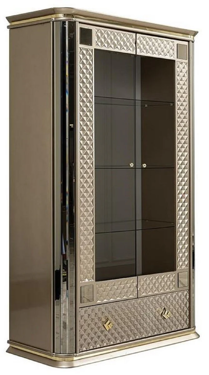 Luxury Art Deco display cabinet beige / gold - handmade solid wood display cabinet with 2 doors and drawer - noble Art Deco furniture