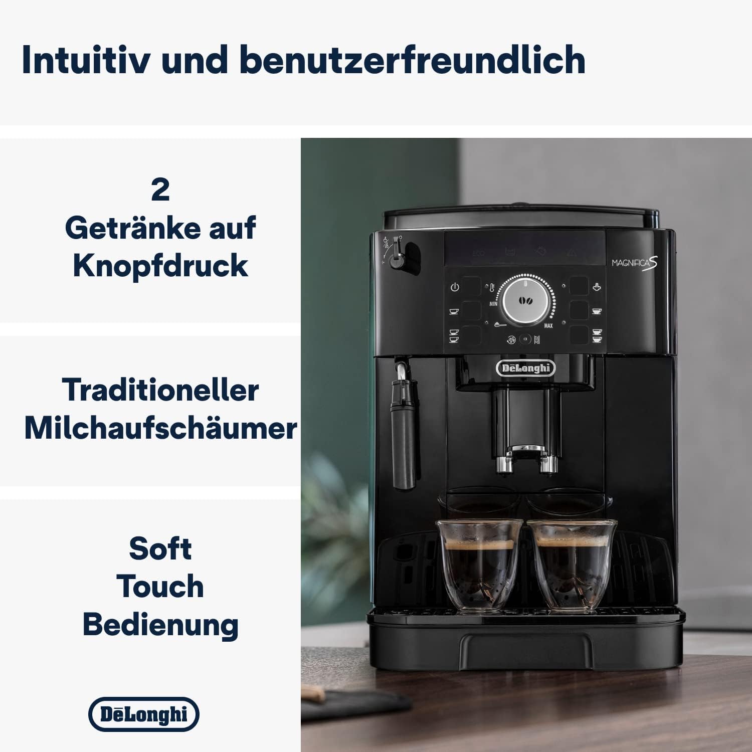ECAM11.112.B Vollautomatische Kaffeemaschine mit Milch-Flügeldüse für Cappuccino mit Espresso Direktwahltasten und Rotary Control 2 Cup Funktion Schwarz